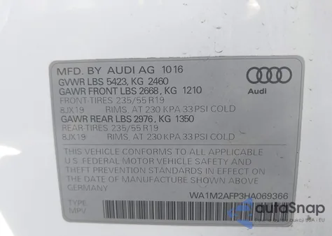 2017 Audi Q5 2.0T Premium from USA, damaged, VIN WA1M2AFP3HA069366